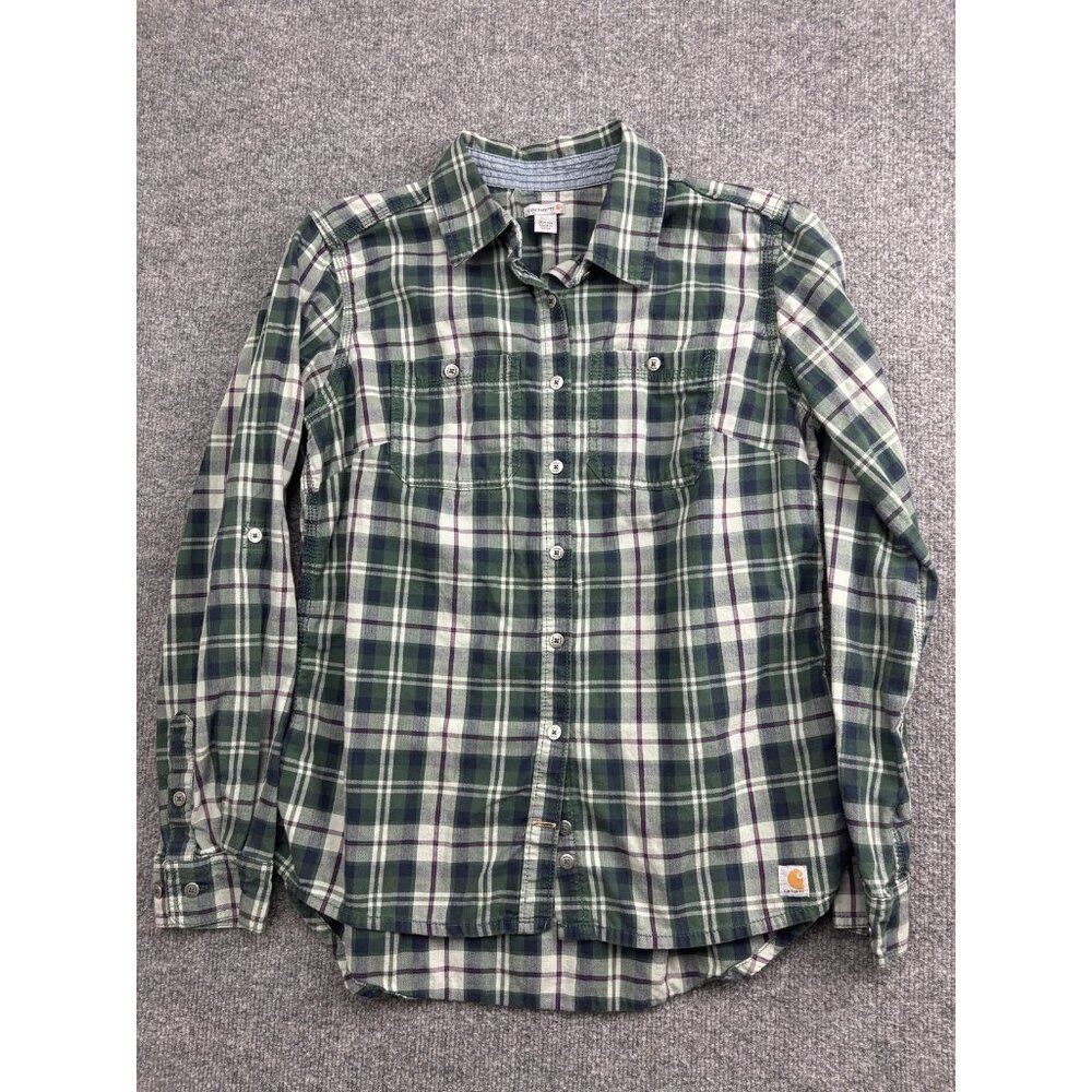 Carhartt Shirt Womens Small Green Plaid Button Front‎ Long Sleeve Workwear